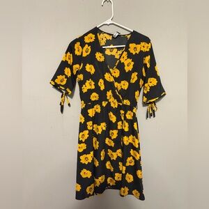 Chic Black and Yellow Floral Wrap Dress